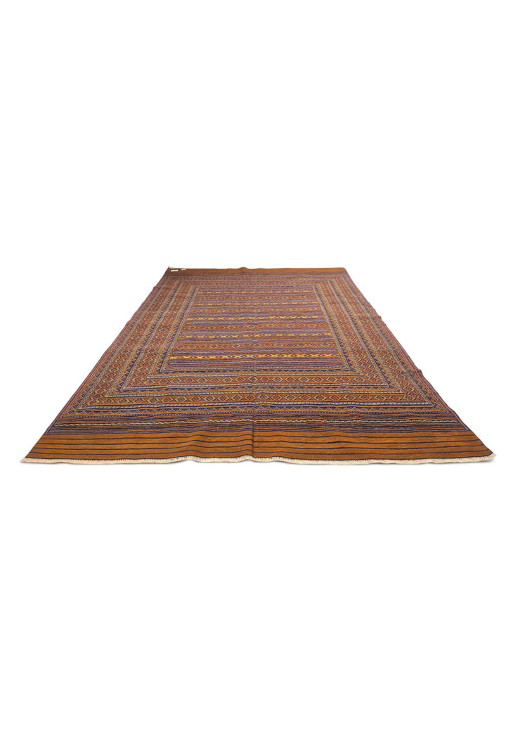 Caramel and Gold Banded Kilim, Hand-Woven Wool