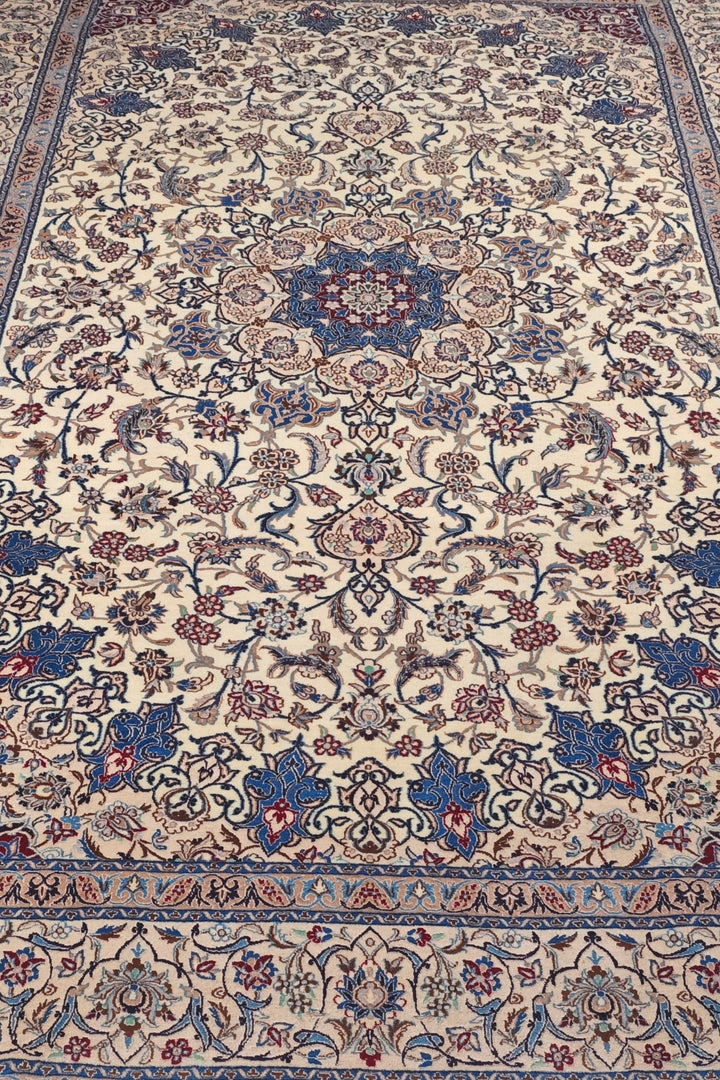 Ivory and Blue Star Medallion Nain, Hand-Knotted Wool Rug