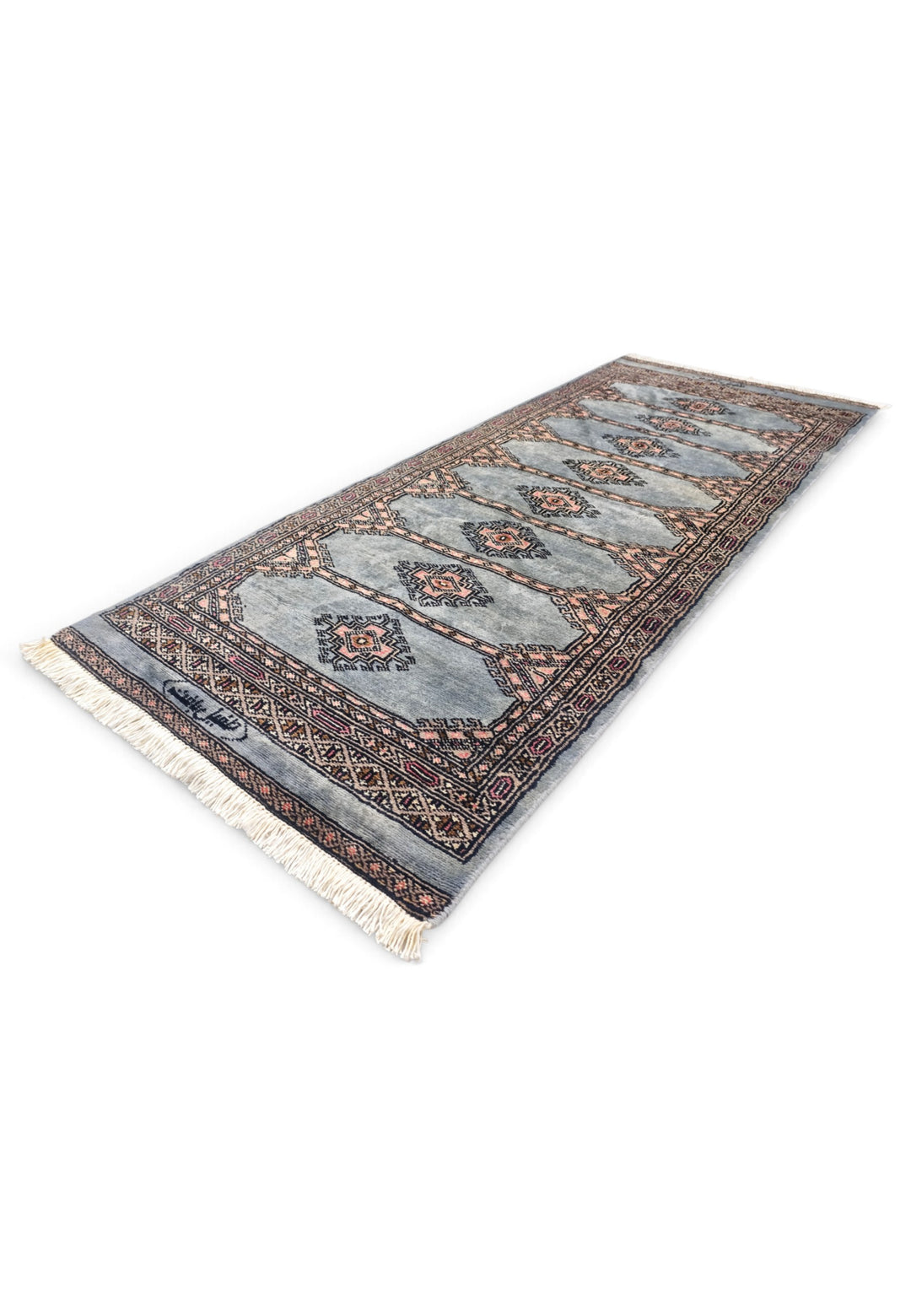 Dusty Blue and Peach Jaldar Diamond Medallion, Hand-Knotted Wool Rug