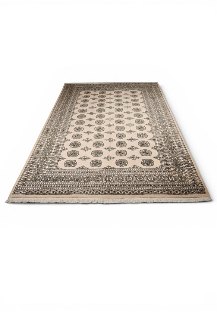 Sandy Beige &amp; Black Turkmen Gül Bokhara Rug, Hand-Knotted Pakistani Wool