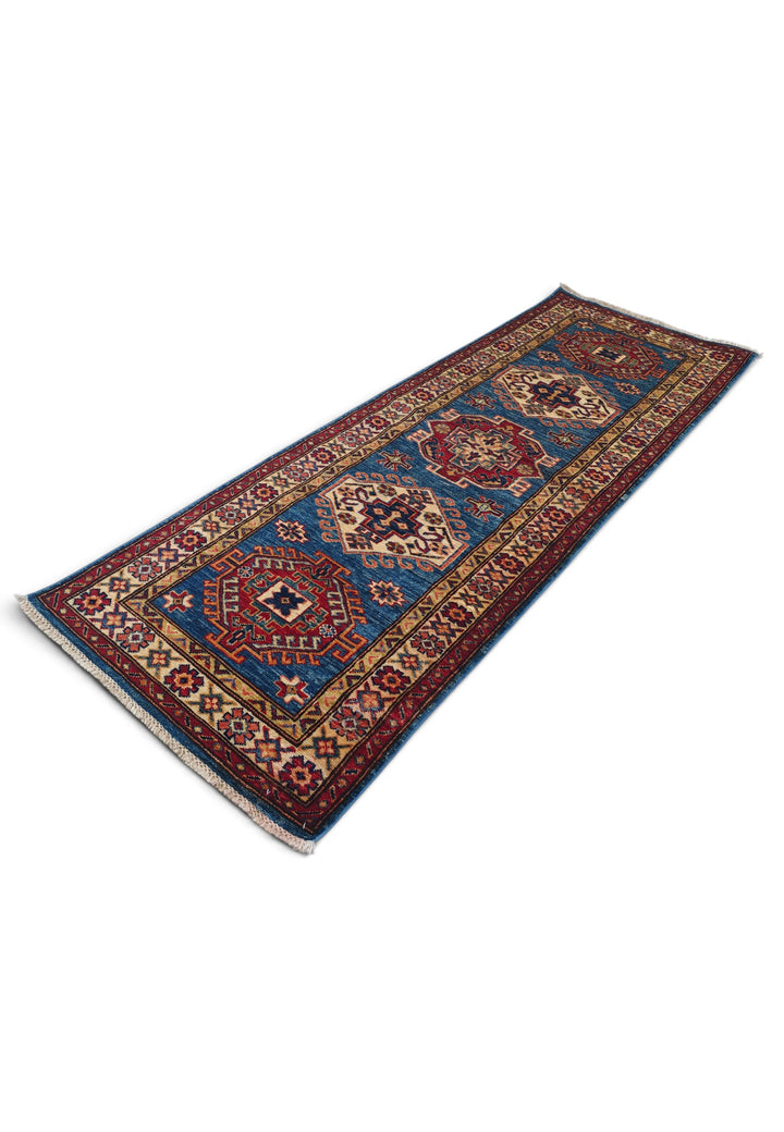 Teal Blue and Cream Hooked Medallion Kazak, Hand-Knotted Wool Rug