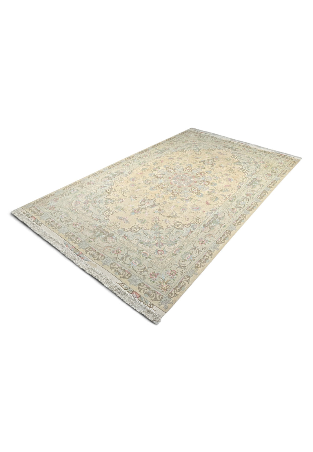 Cream and Soft Pink Medallion Tabriz, Hand-Knotted Wool Rug