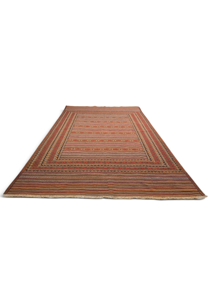 Terracotta and Apricot Banded Kilim, Hand-Woven Wool