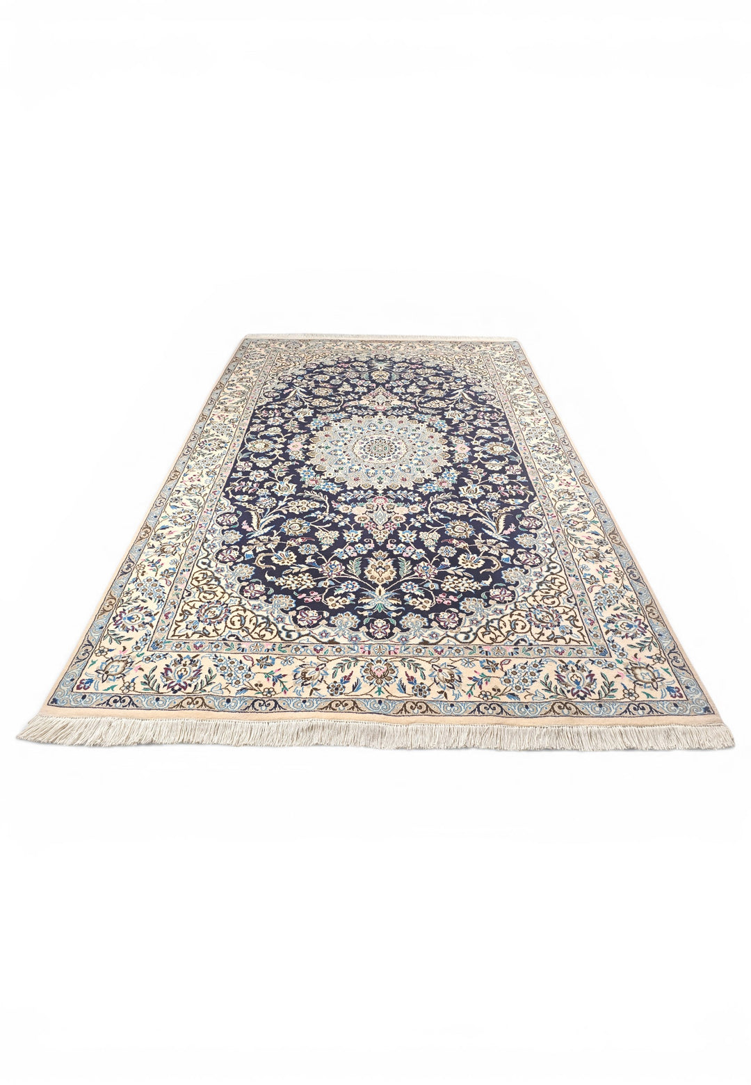 Royal-Blue Medallion Persian Nain, Hand-Knotted Wool Rug
