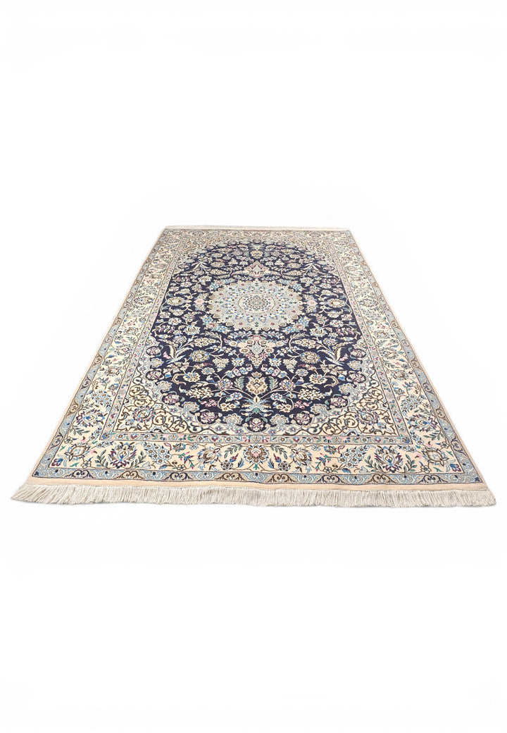 Royal-Blue Medallion Persian Nain, Hand-Knotted Wool Rug