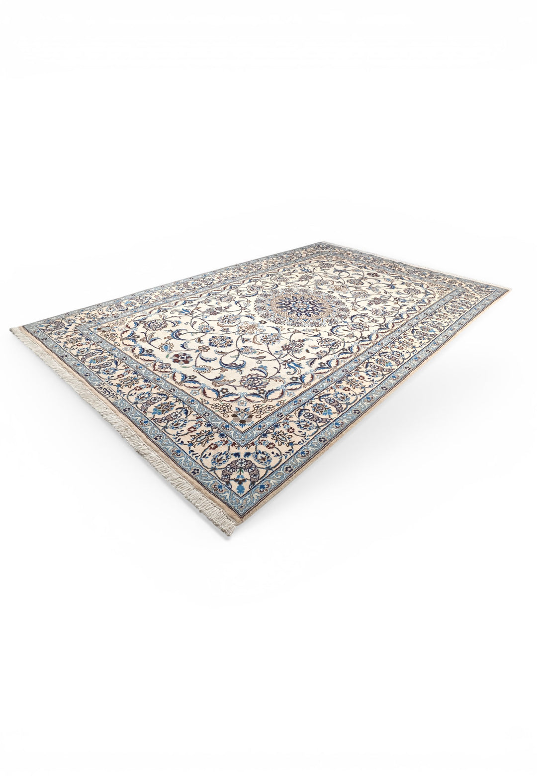 Ivory &amp; Blue Floral Persian Nain, Hand-Knotted Wool Rug