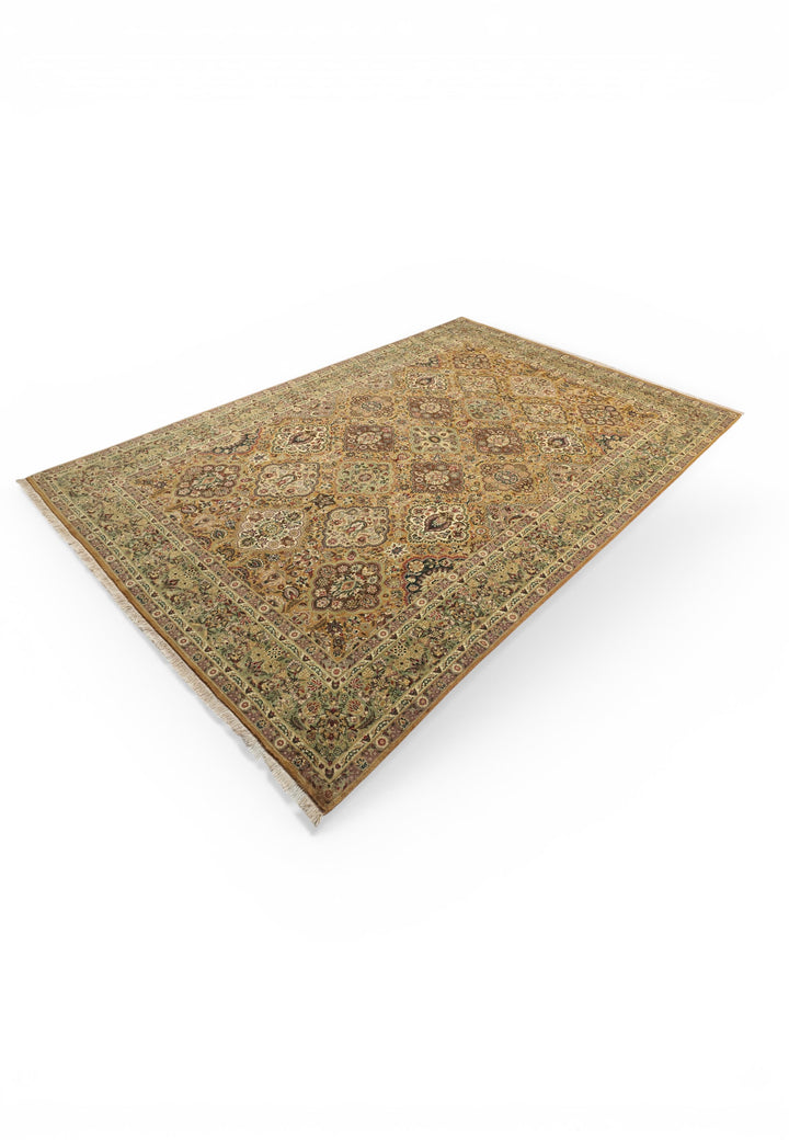Gold and Sage Repeating Floral, Hand-Knotted Wool Rug