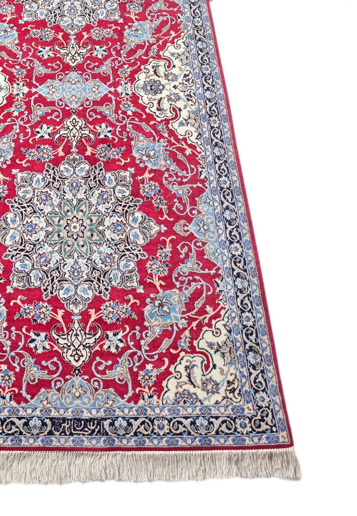 Red and Navy Medallion Nain, Hand-Knotted Wool Rug