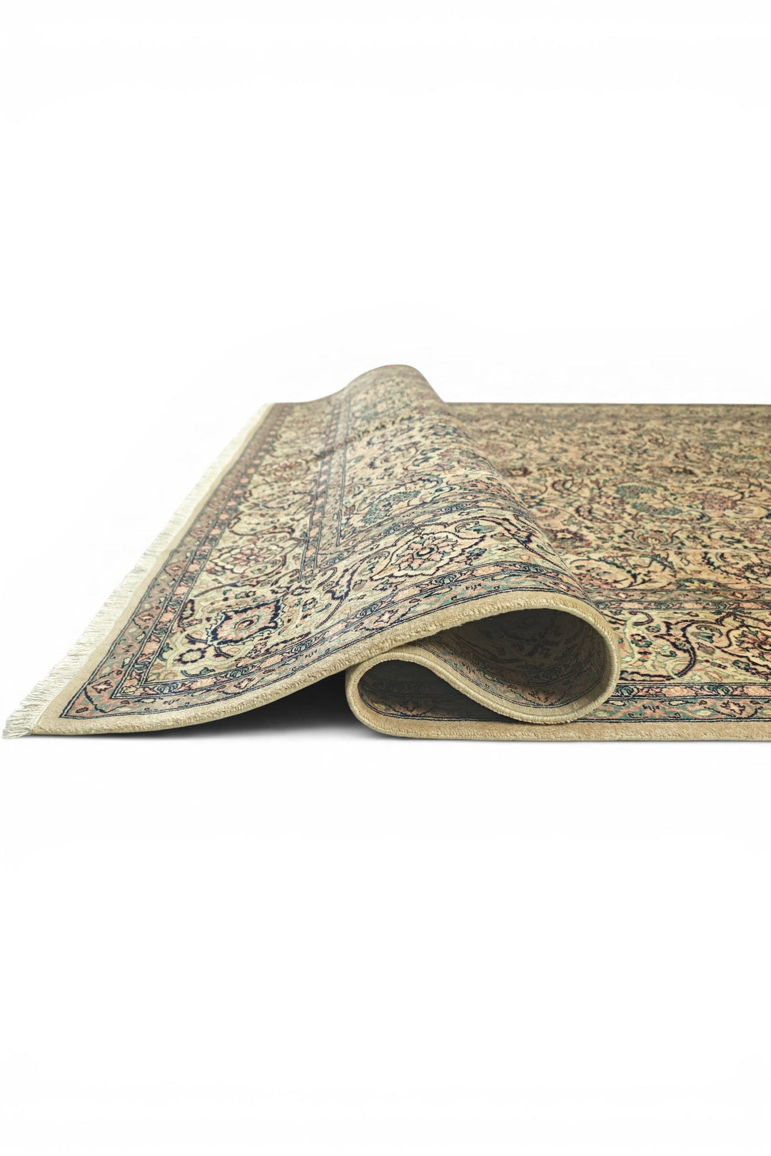 Gold and Teal Floral Vine, Hand-Knotted Wool Rug