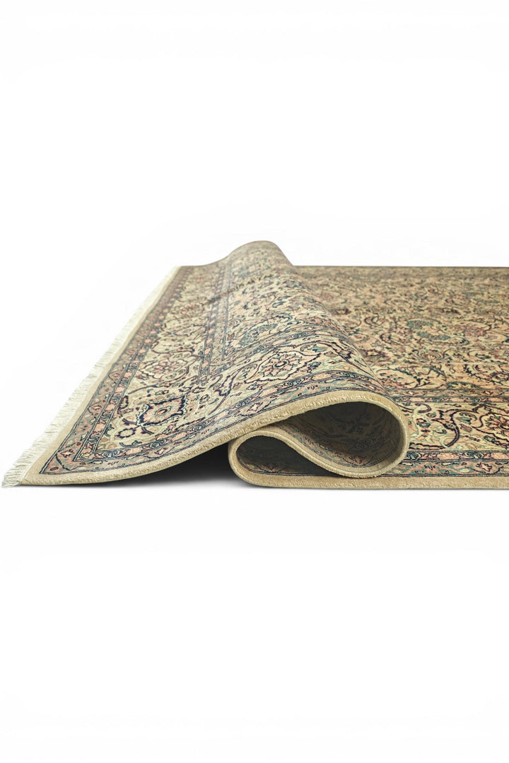 Gold and Teal Floral Vine, Hand-Knotted Wool Rug