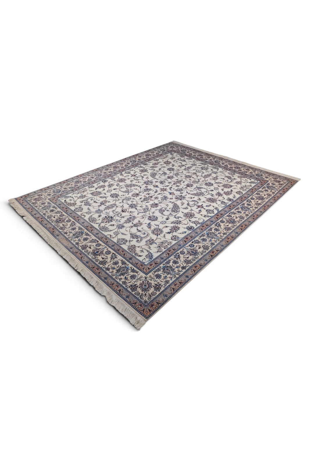 Ivory and Salmon All-Over Arabesque Nain, Hand-Knotted Wool Rug