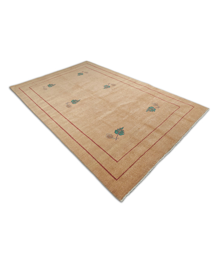 Camel and Green Floral Sprig, Hand-Knotted Wool Rug