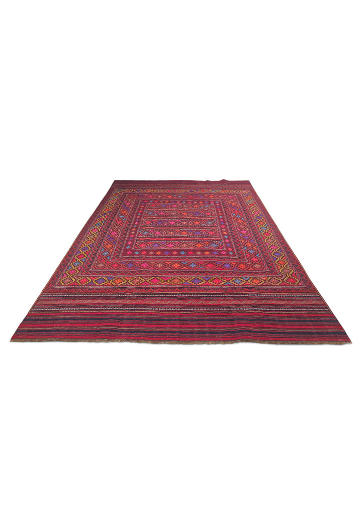 Rose Red and Gold Banded Kilim, Hand-Woven Wool