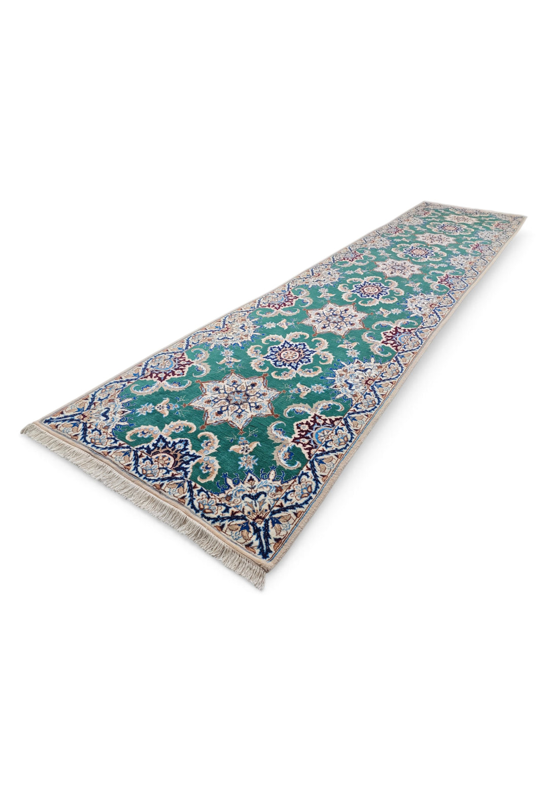 Teal and Ivory Star Medallion Nain, Hand-Knotted Wool Rug