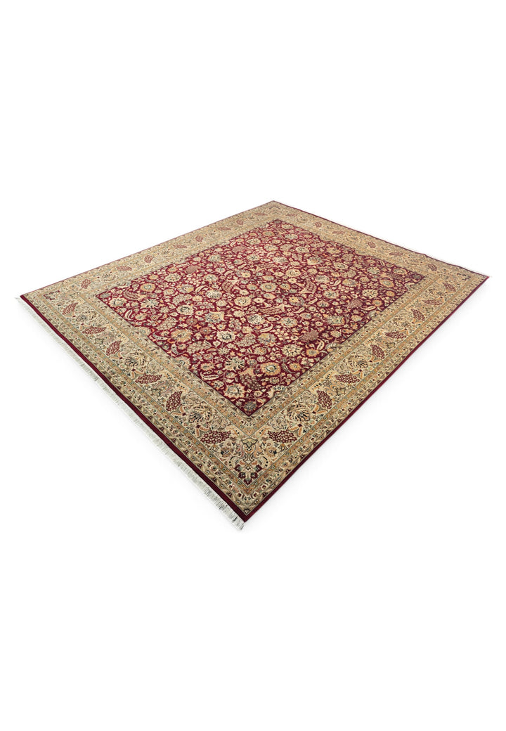 Burgundy and Camel Shah Abbasi Floral, Hand-Knotted Wool Rug