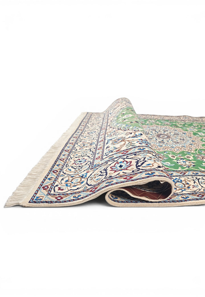 Pistachio-Green Medallion Persian Nain, Hand-Knotted Wool Rug