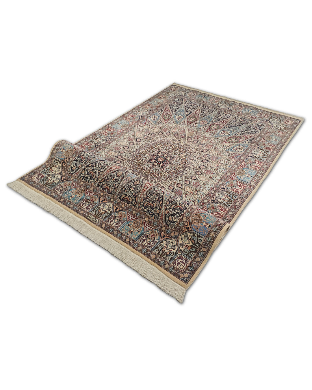 Ivory and Blue Gonbad Dome Persian Nain, Hand-Knotted Wool Rug