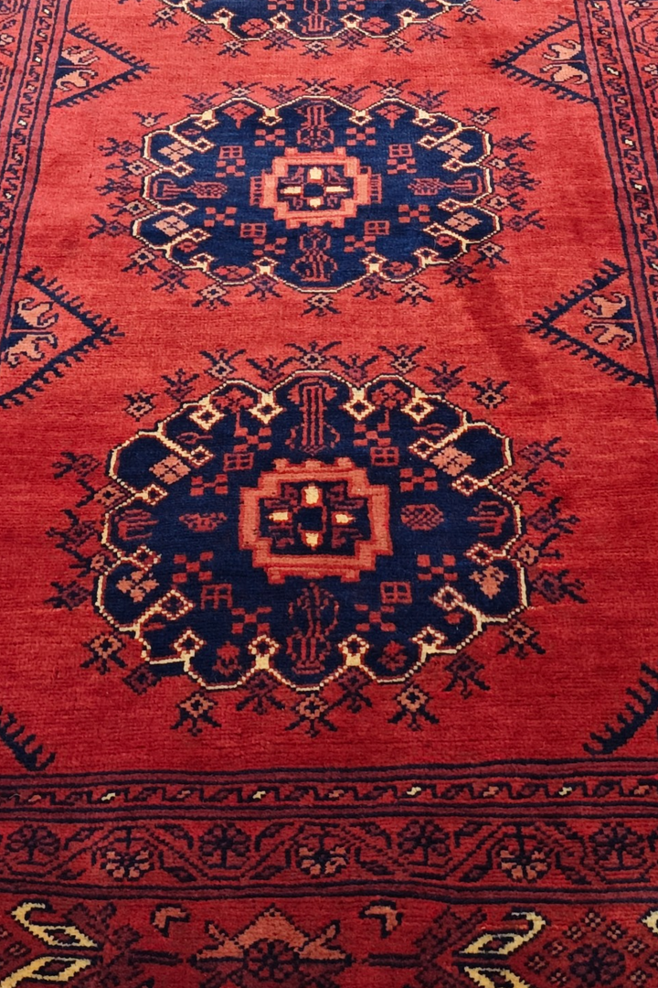 Red and Navy Khan Muhammadi Runner, Hand-Knotted Wool