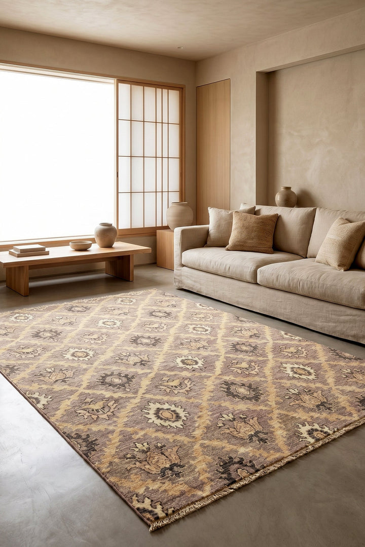 Living room with a patterned rug, sofa, and wooden coffee table.