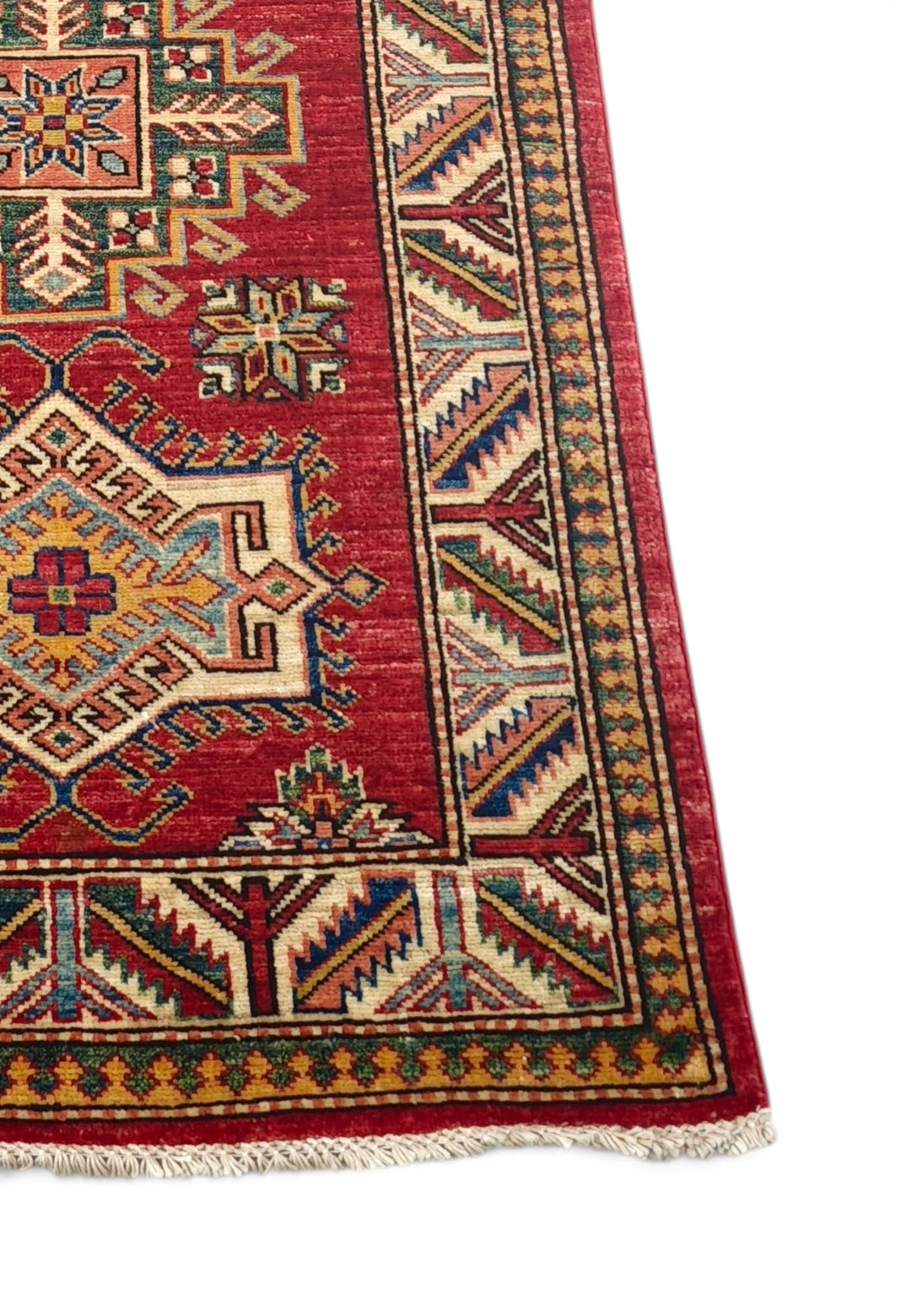 Deep Red and Cream Stepped Medallion Kazak, Hand-Knotted Wool Rug