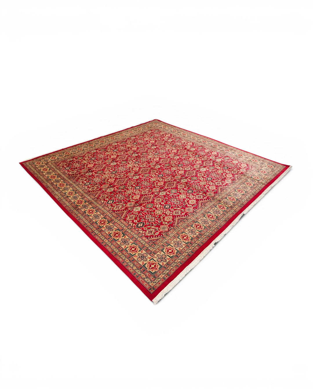 Red Polychrome Lattice Jaldar Square Rug, Hand-Knotted Pakistani Wool