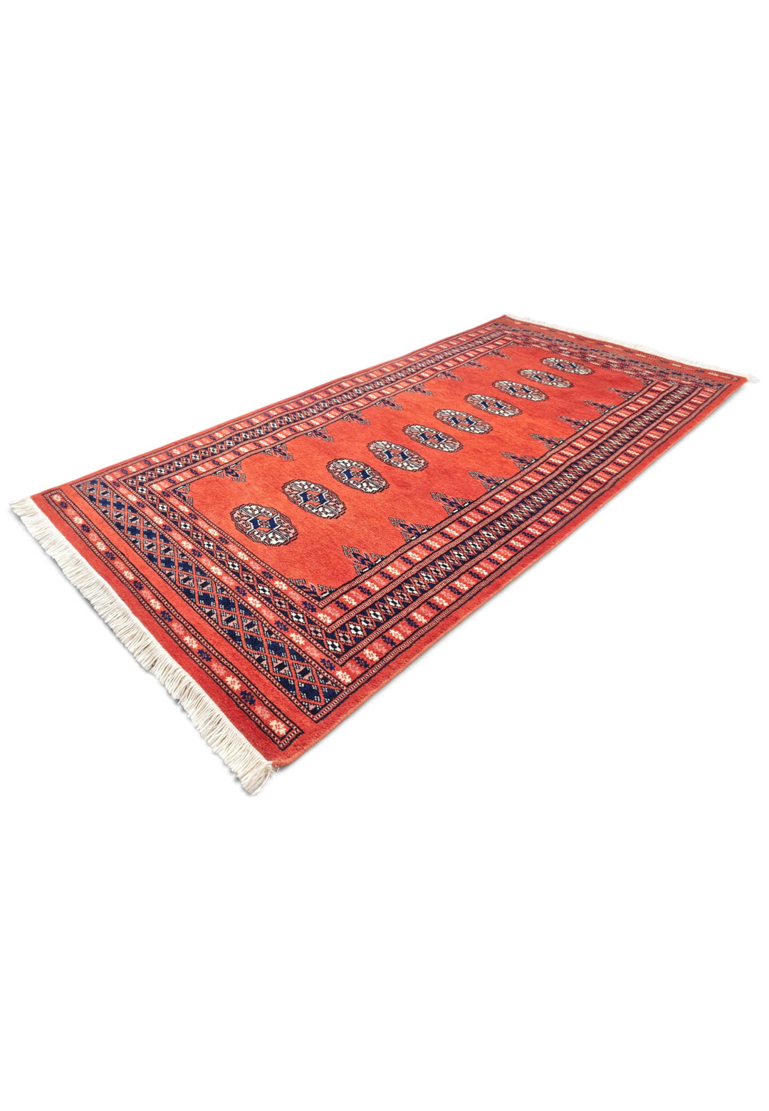 Coral Red and Indigo Turkmen Gül Bokhara, Hand-Knotted Wool Rug