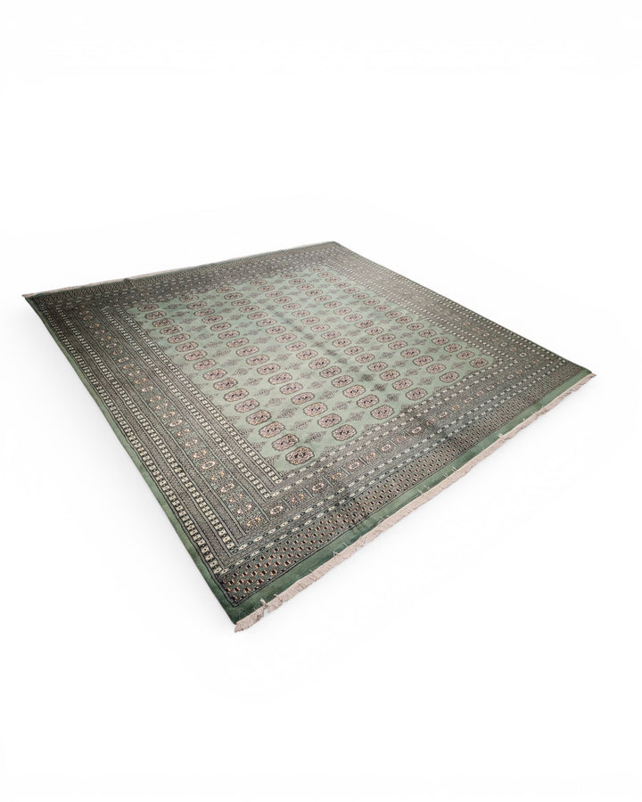 Sage Green Turkmen Gül Bokhara Square Rug, Hand-Knotted Pakistani Wool