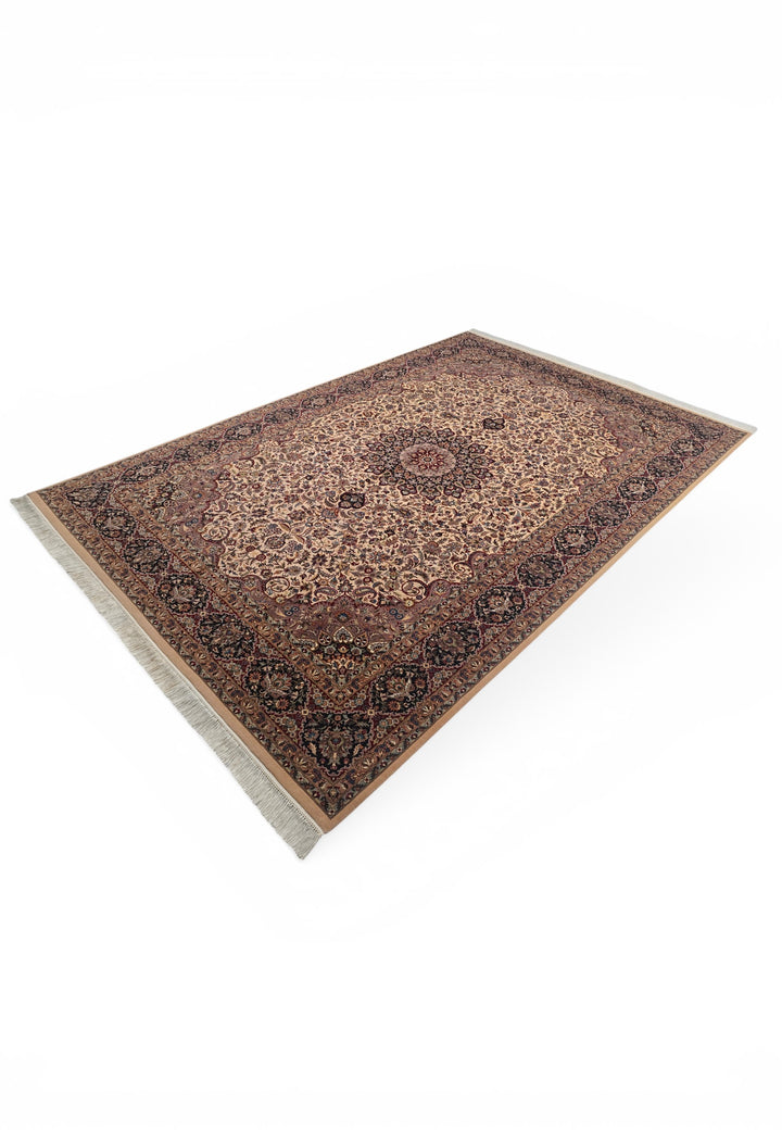 Ivory and Navy Floral Medallion, Hand-Knotted Wool and Silk Rug