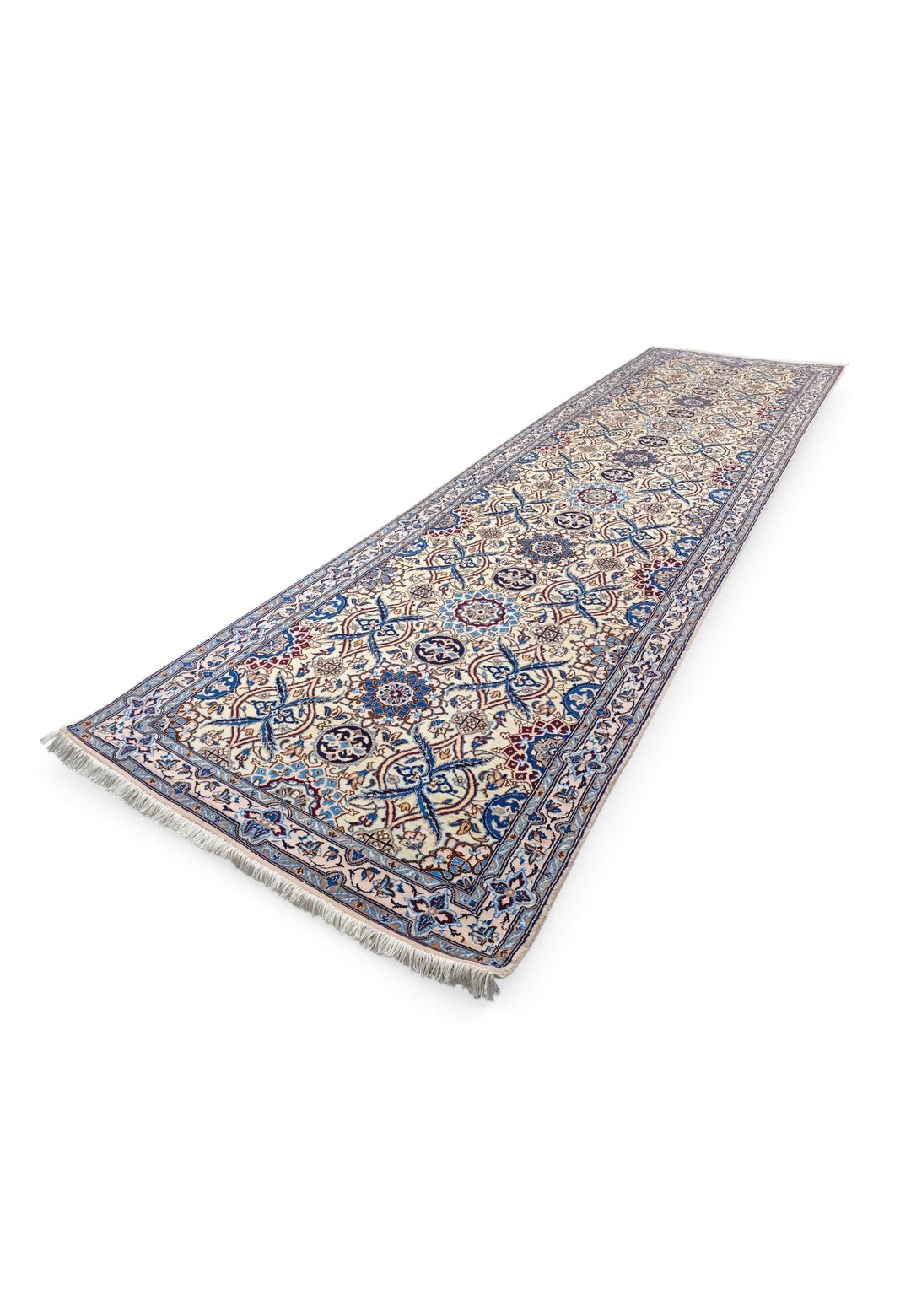 Ivory and Blue Lattice Medallion Nain, Hand-Knotted Wool Rug