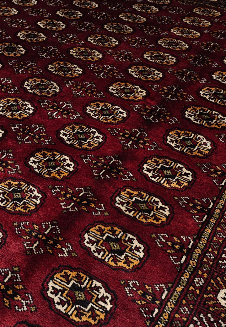 Burgundy Red Turkmen Gül Bokhara Rug, Hand-Knotted Wool