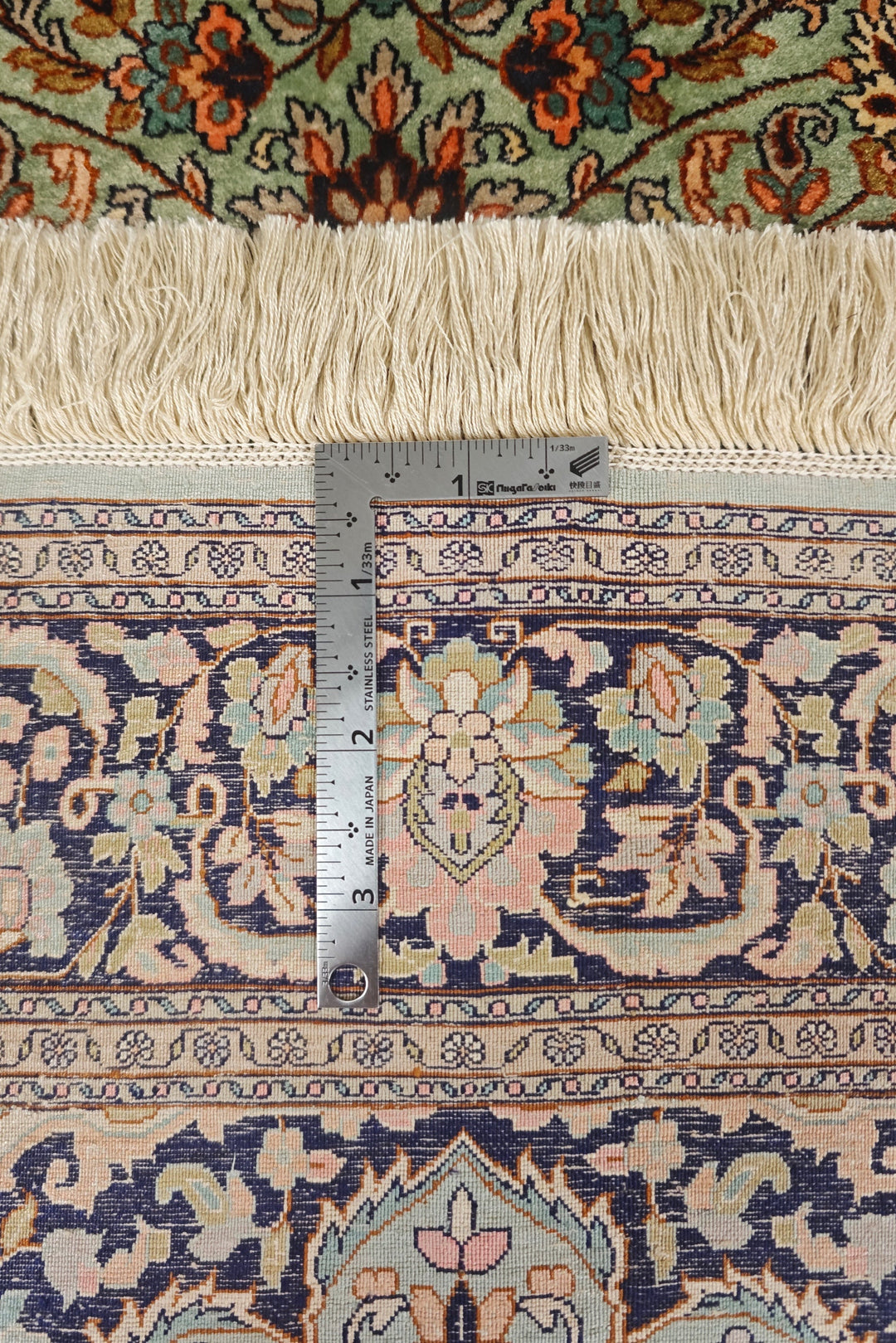 Sage Green and Black Arabesque Medallion, Hand-Knotted Silk Rug