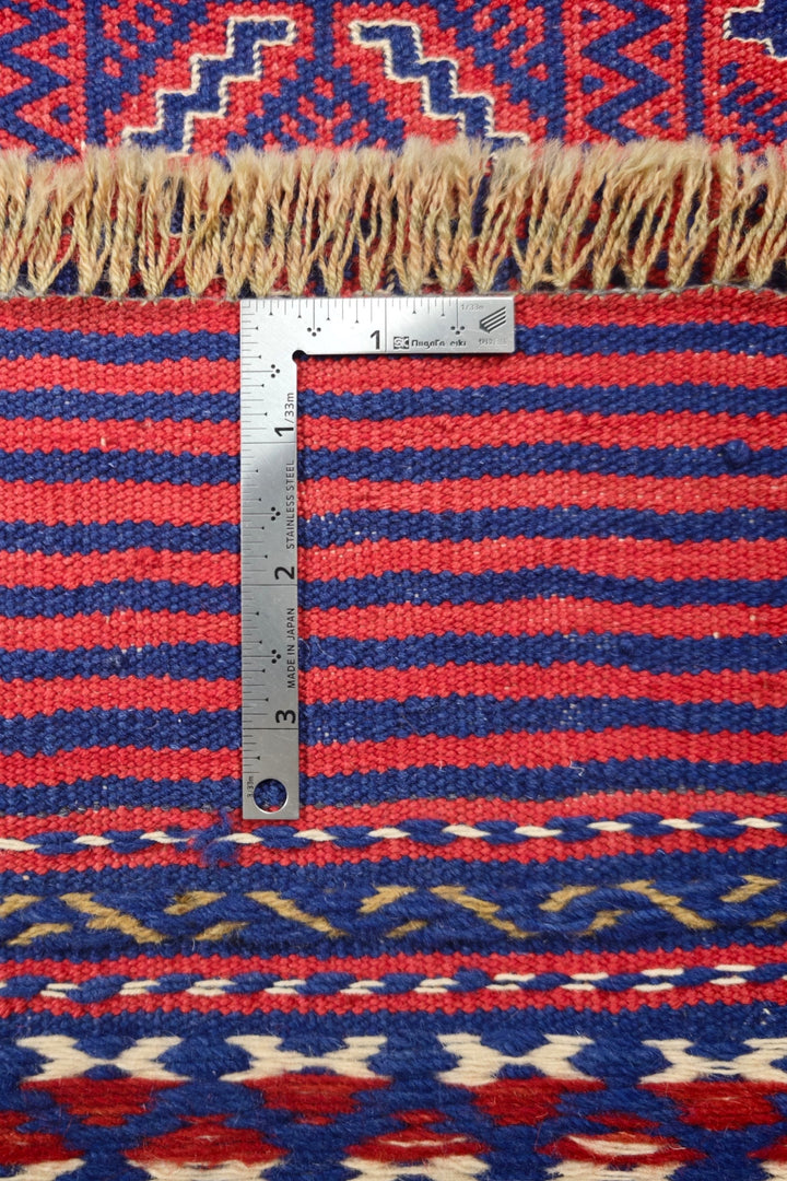 Rose Red and Navy Four-Panel Kilim, Hand-Woven Wool