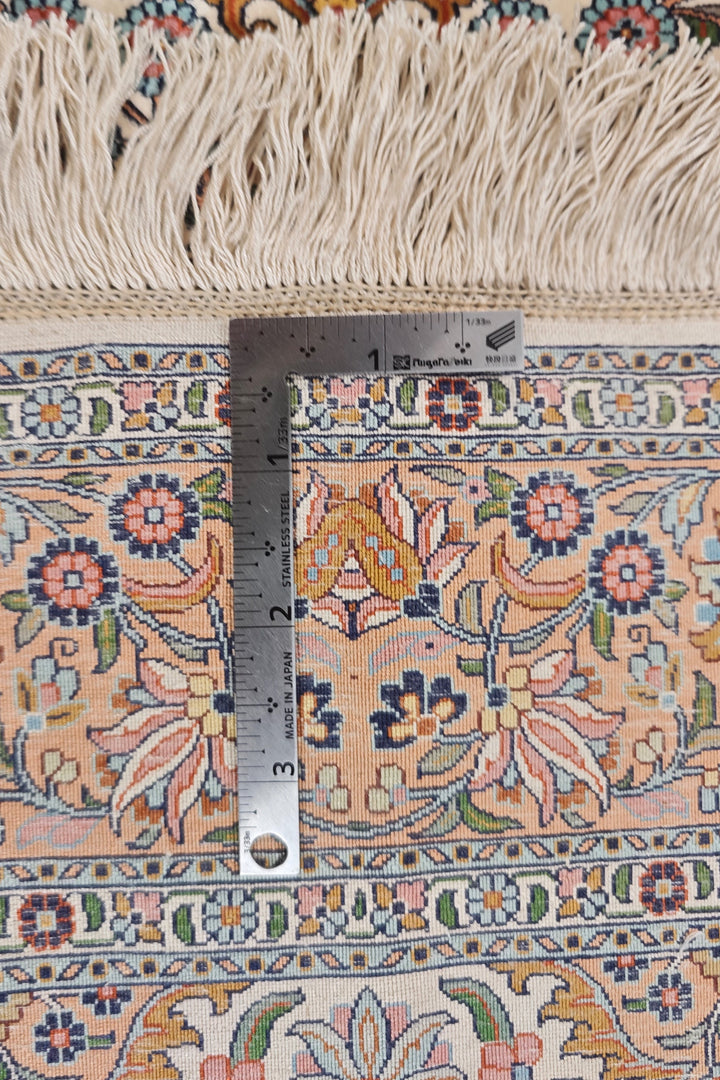 Cream and Brown Boteh Medallion, Hand-Knotted Silk Rug