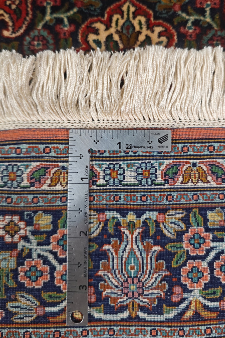 Deep Red and Navy Cloudband Medallion, Hand-Knotted Silk Rug