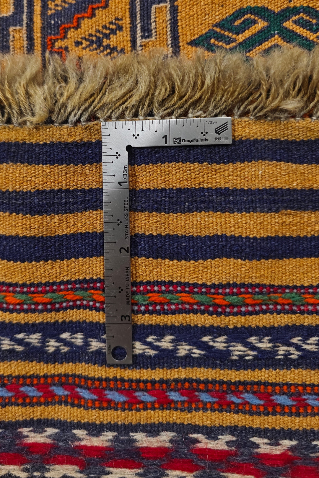 Saffron Gold and Plum Banded Kilim, Hand-Woven Wool