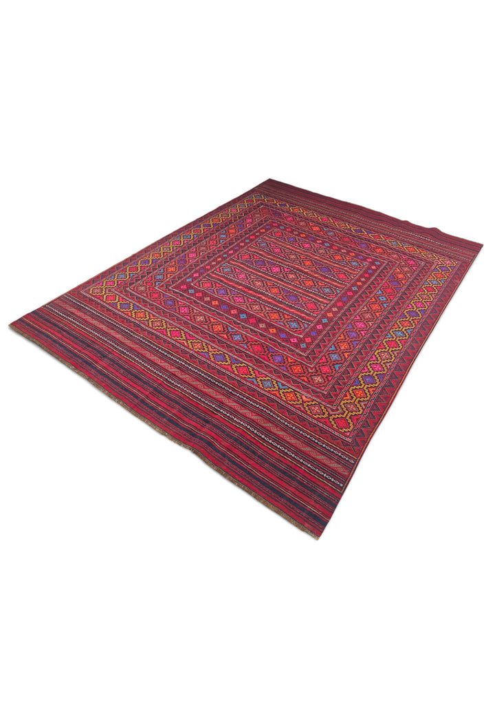 Rose Red and Gold Banded Kilim, Hand-Woven Wool
