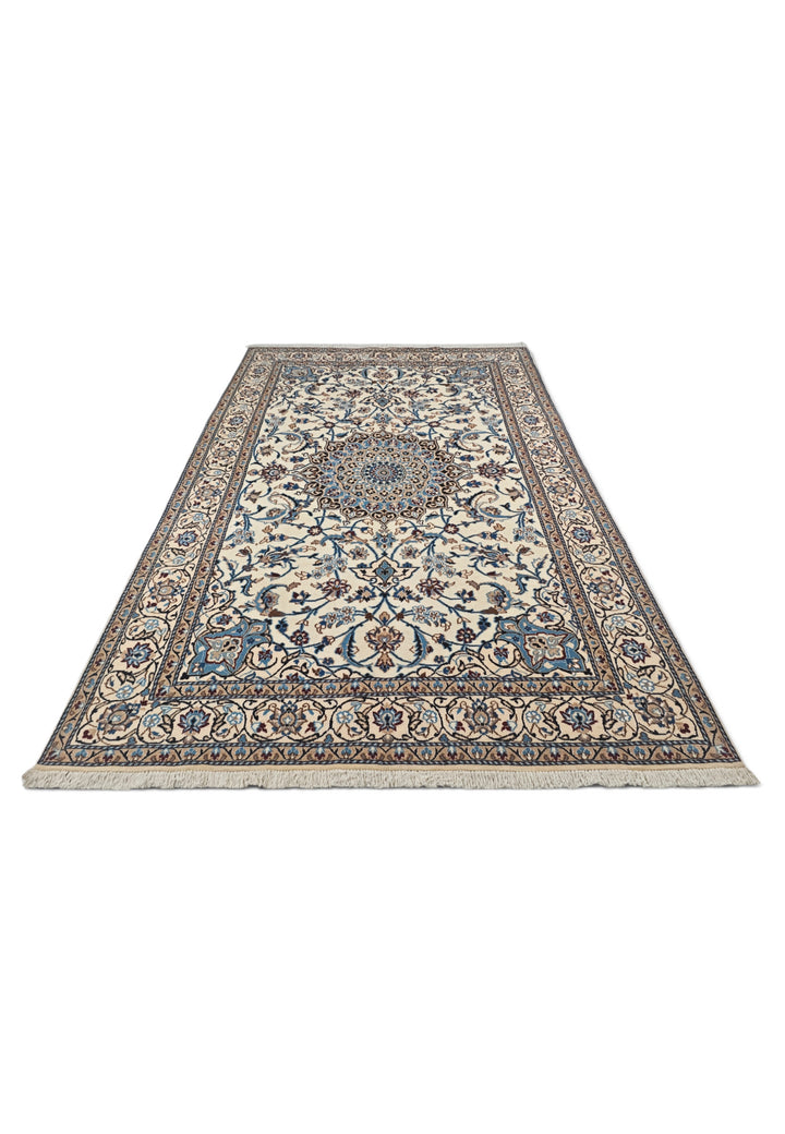 Ivory and Sky Blue Medallion Nain, Hand-Knotted Wool Rug
