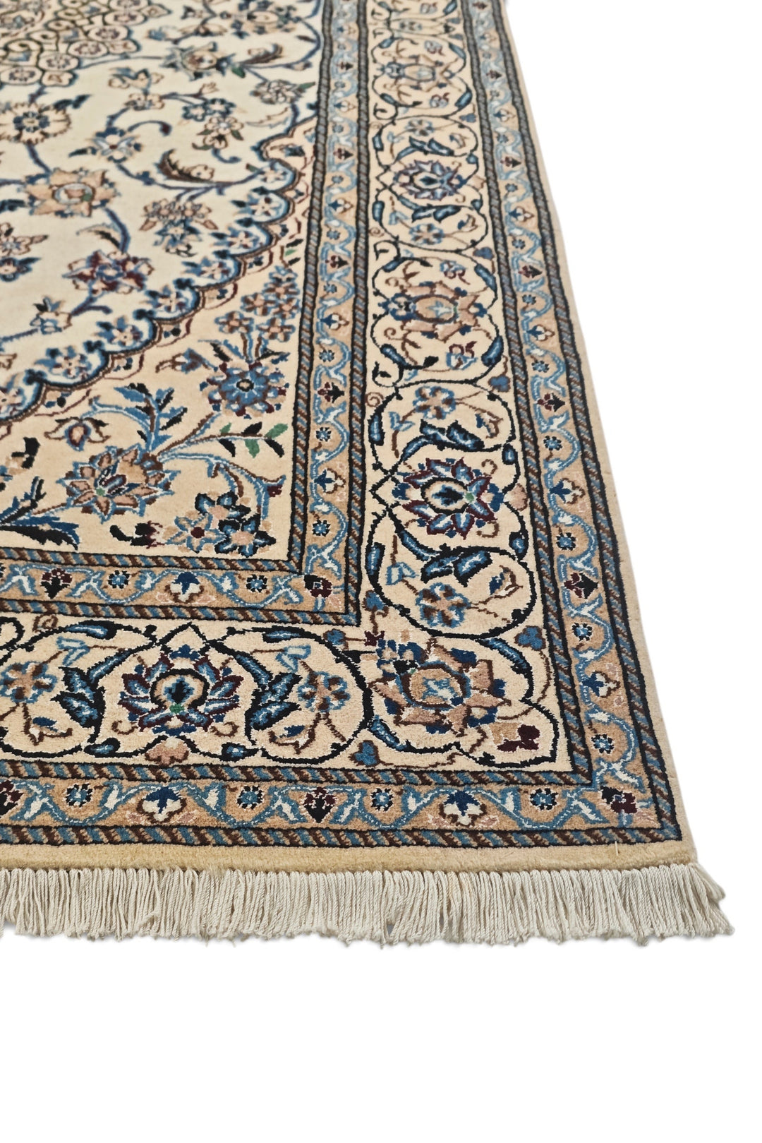 Cream and Blue Medallion Nain, Hand-Knotted Wool Rug