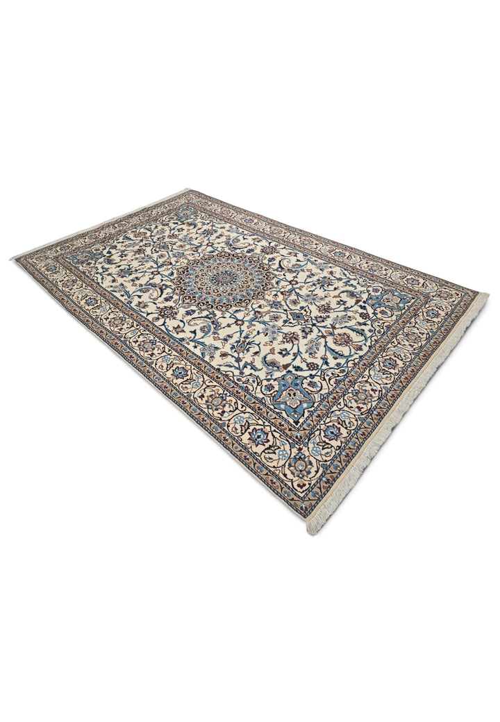 Ivory and Sky Blue Medallion Nain, Hand-Knotted Wool Rug