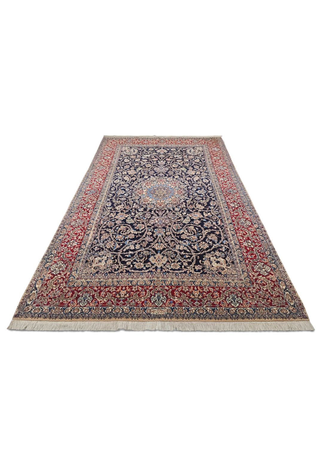 Navy and Red Medallion Nain, Hand-Knotted Wool Rug