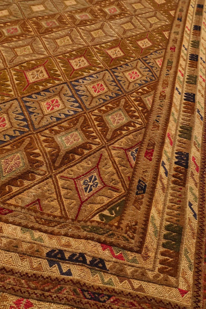 Camel and Brown Diamond Lattice Kilim, Hand-Woven Wool