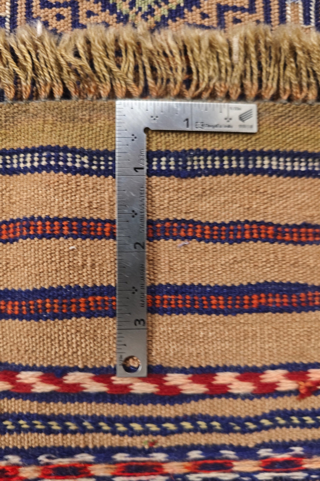 Camel and Indigo Banded Kilim, Hand-Woven Wool