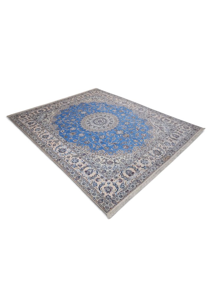 Blue and Ivory Gonbad Dome Nain, Hand-Knotted Wool Rug