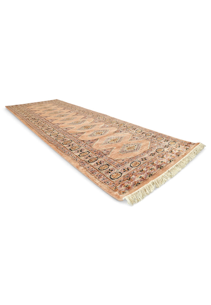 Salmon and Mauve Jaldar Diamond Gül, Hand-Knotted Wool and Silk Rug