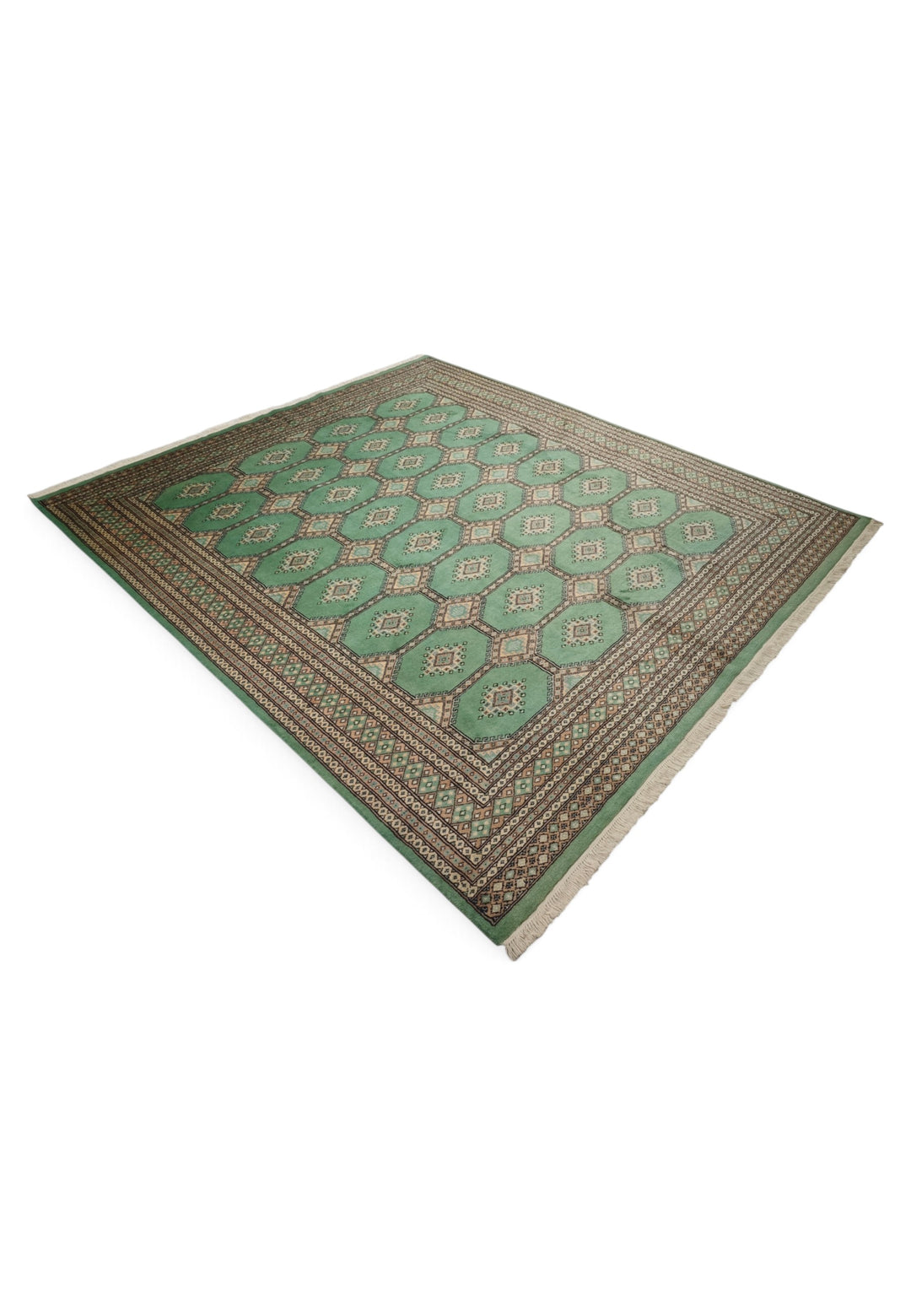 Jade Green and Cream Compartment Bokhara, Hand-Knotted Wool and Silk Rug