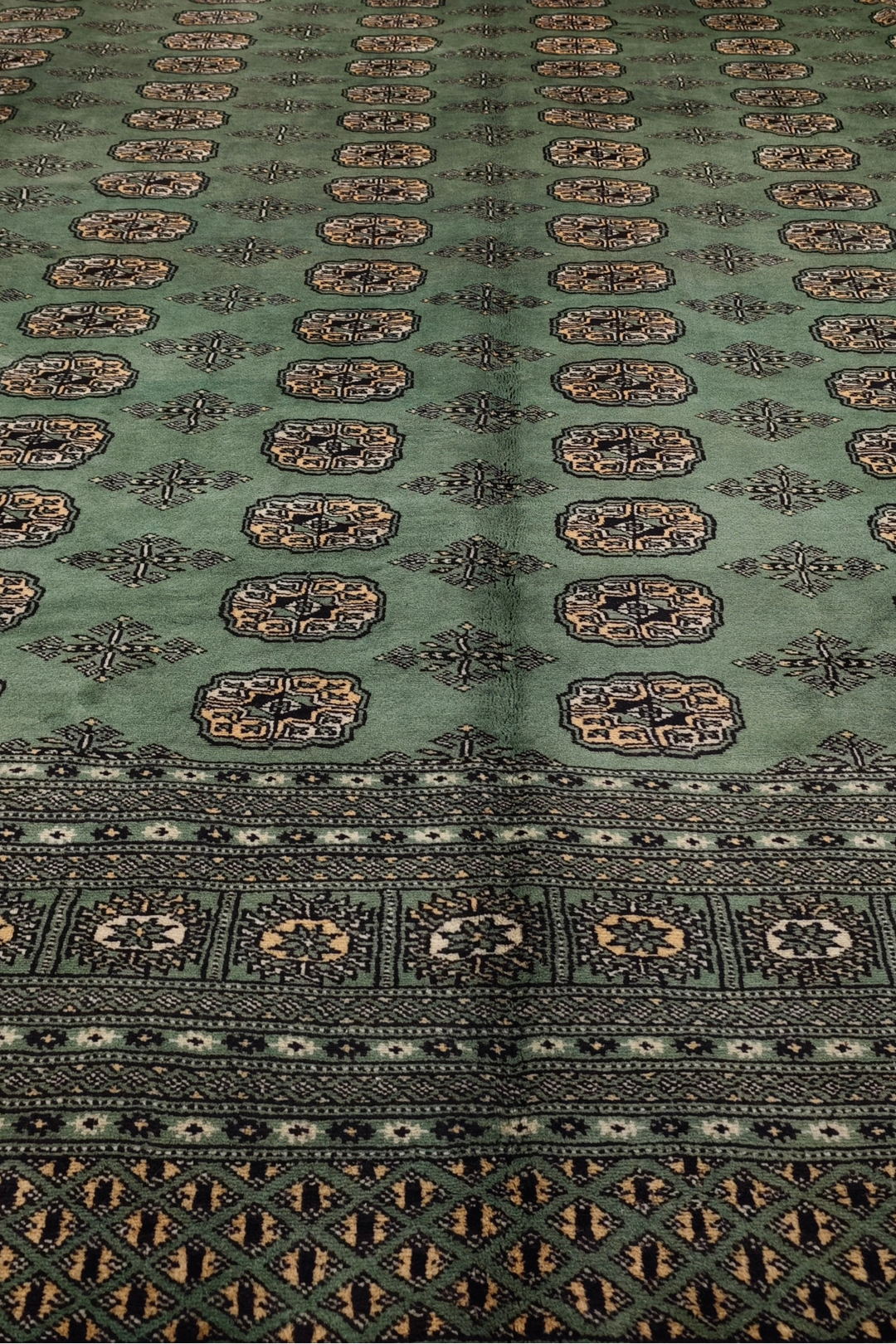 Sage Green Turkmen Gül Bokhara Square Rug, Hand-Knotted Pakistani Wool