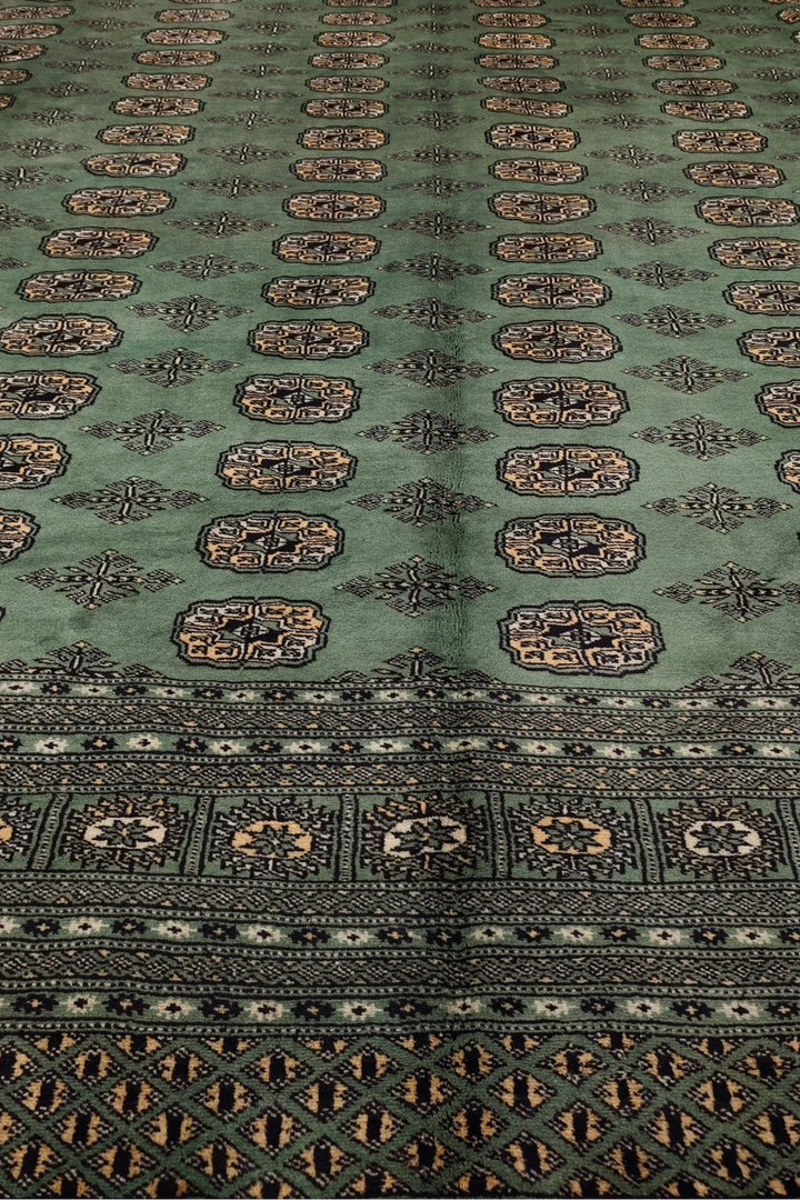 Sage Green Turkmen Gül Bokhara Square Rug, Hand-Knotted Pakistani Wool