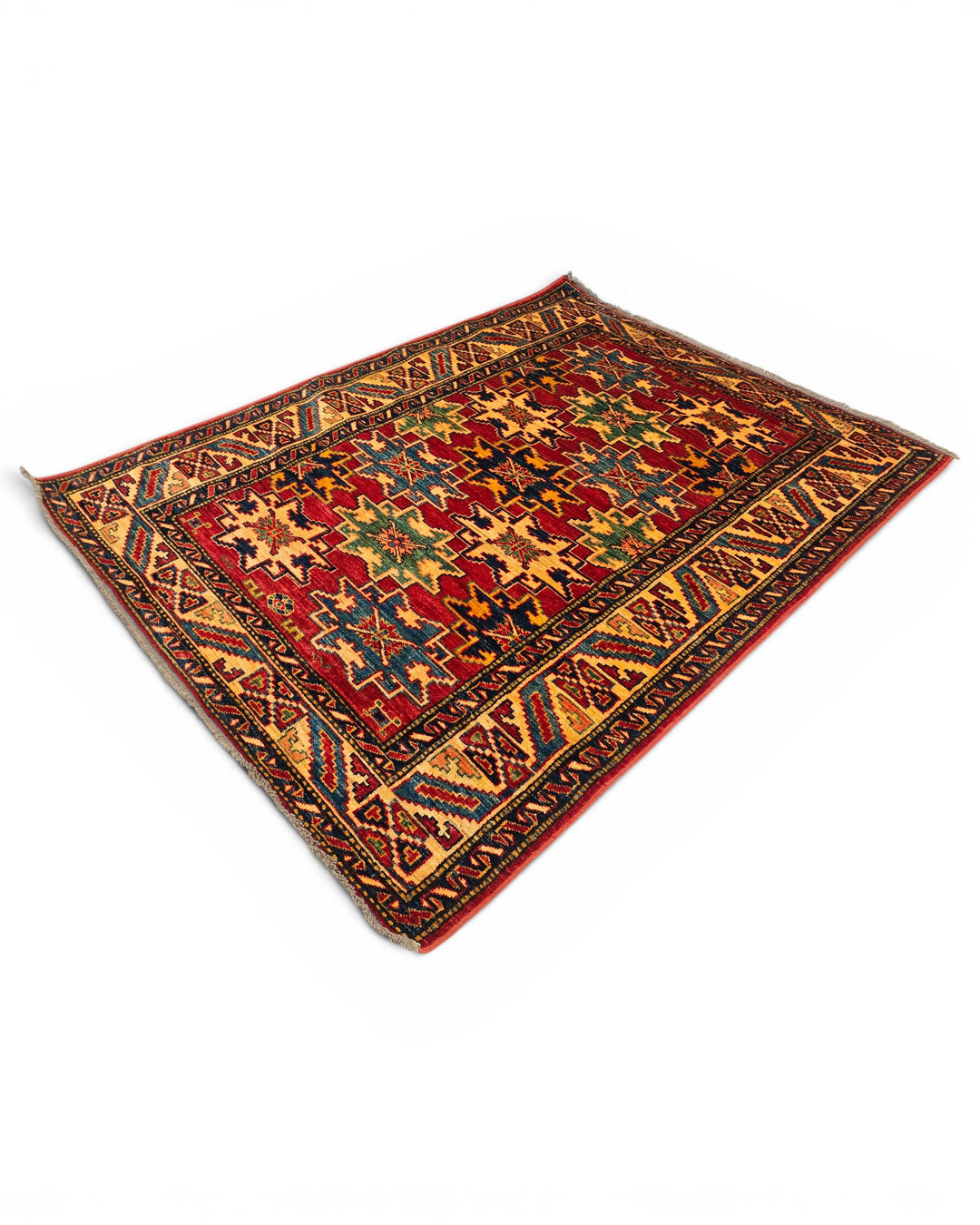 Red Lesghi Star Kazak Rug, Hand-Knotted Afghan Wool