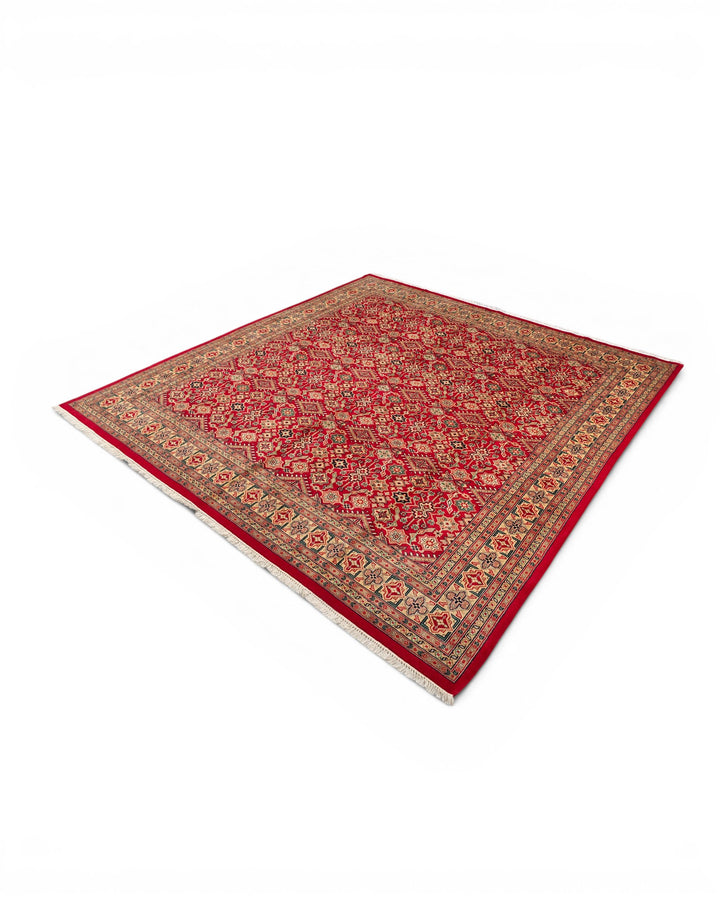 Red Polychrome Lattice Jaldar Square Rug, Hand-Knotted Pakistani Wool