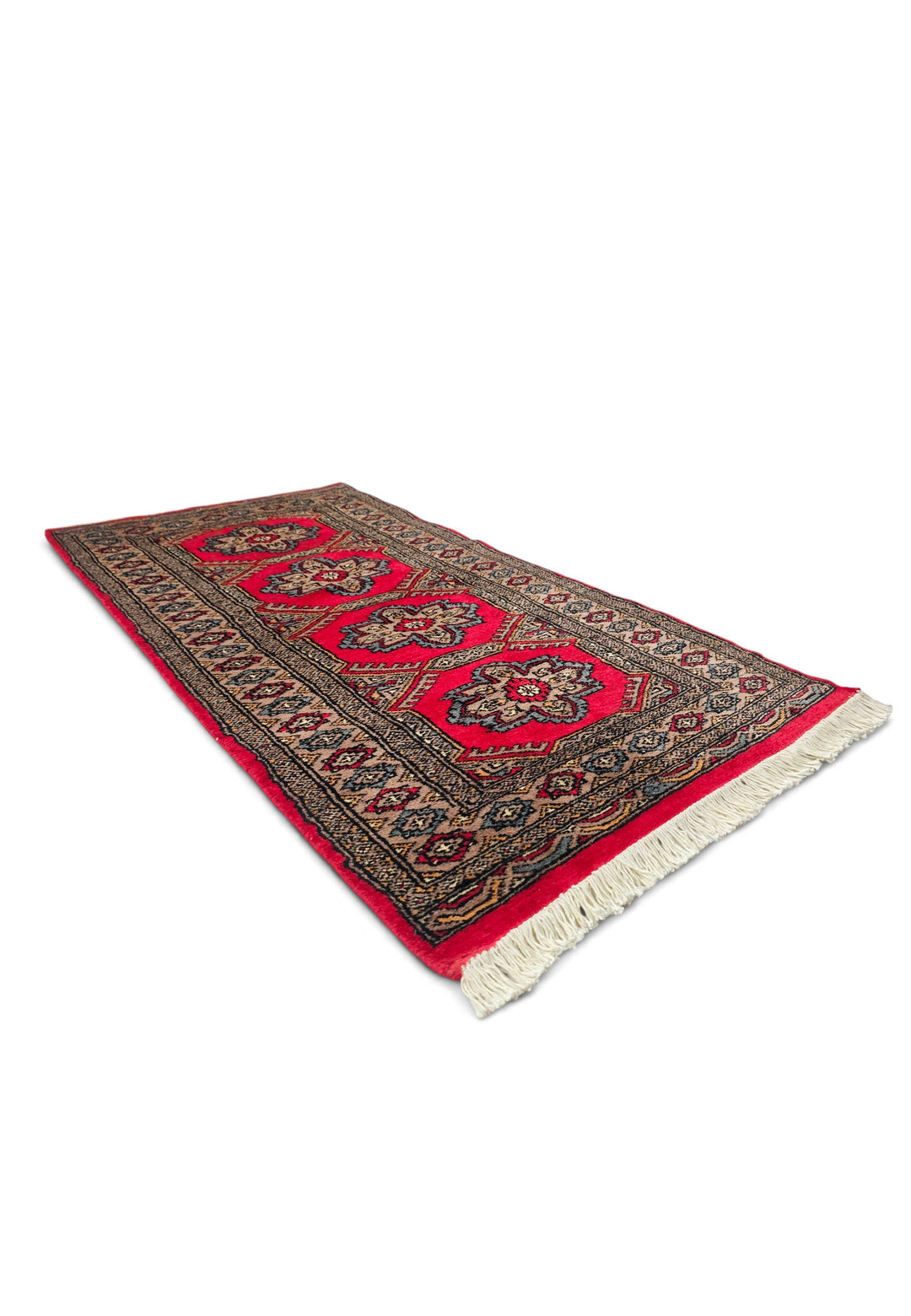Crimson and Taupe Rosette Medallion, Hand-Knotted Wool Rug